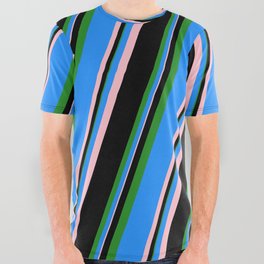 [ Thumbnail: Blue, Pink, Black, and Forest Green Colored Striped Pattern All Over Graphic Tee ]