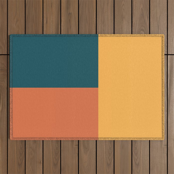 Autumnal Color Block - Minimalist Pattern in Dark Duck Blue, Orange, and Mustard Yellow Outdoor Rug