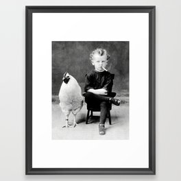 Smoking Boy with Chicken black and white photograph - photography - photographs Framed Art Print