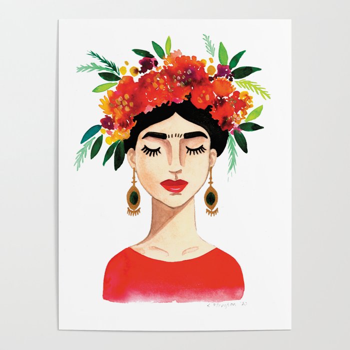 Floral Frida - Red Poster