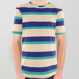 [ Thumbnail: Light Sea Green, Bisque, and Midnight Blue Colored Striped Pattern All Over Graphic Tee ]