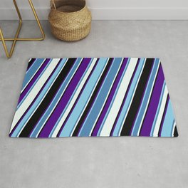 [ Thumbnail: Colorful Indigo, Sky Blue, Blue, Mint Cream, and Black Colored Lines Pattern Rug ]