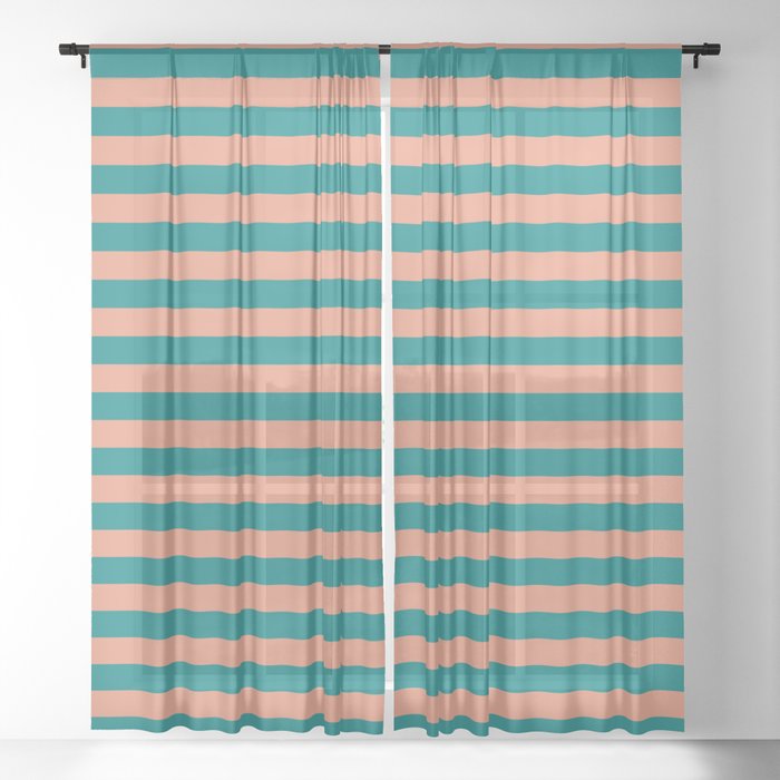 Dark Salmon & Teal Colored Lined Pattern Sheer Curtain