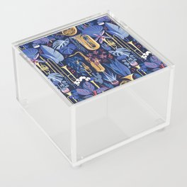 Music to my eyes // oxford navy blue background gold textured musical instruments blue indoor plants coral music notes Acrylic Box