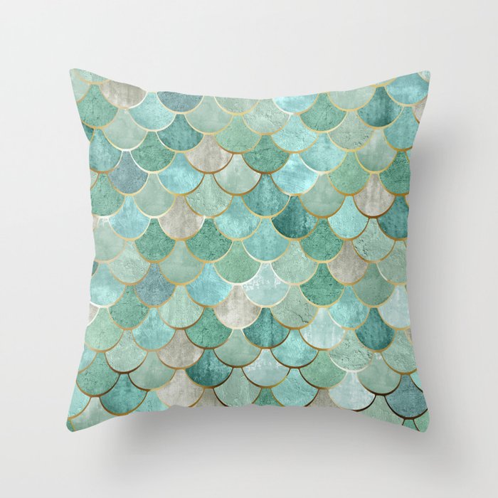 Moroccan Mermaid Fish Scale Pattern, Green and Gold Throw Pillow