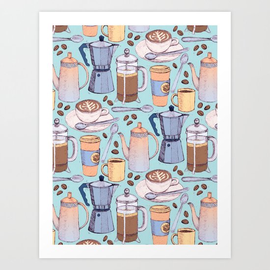 Coffee Love on Blue Art Print