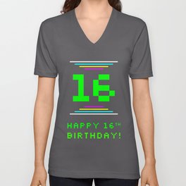 [ Thumbnail: 16th Birthday - Nerdy Geeky Pixelated 8-Bit Computing Graphics Inspired Look V Neck T Shirt V-Neck T-Shirt ]