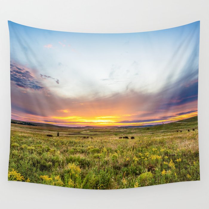 Tallgrass Prairie - Sunset and Bison on the Plains Wall Tapestry