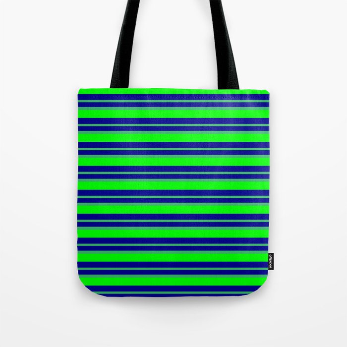 Dark Blue, Sea Green & Lime Colored Lined/Striped Pattern Tote Bag
