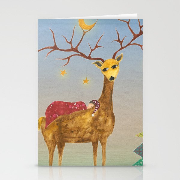 Christmas Deer With Child Christmas Tree And Stars Stationery
