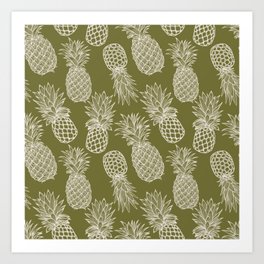 Fresh Pineapples Olive & White Art Print