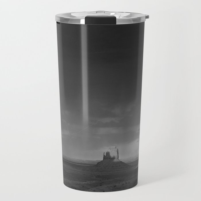 Thunder and lightening in Monument Valley Arizona-Utah border, towering sandstone buttes of Navajo Tribal Park wonders of nature black and white photography - photograph - photographs Travel Mug