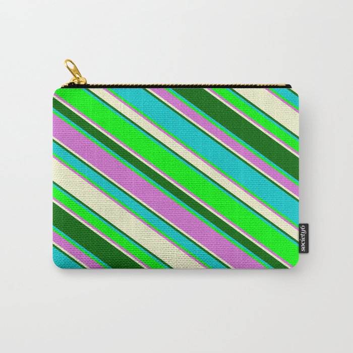 Vibrant Dark Turquoise, Lime, Orchid, Light Yellow, and Dark Green Colored Stripes Pattern Carry-All Pouch