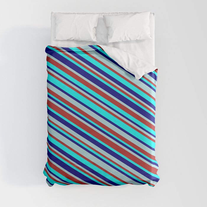 Powder Blue, Red, Aqua, and Blue Colored Lined Pattern Duvet Cover