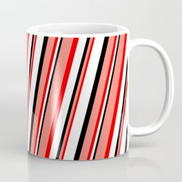 [ Thumbnail: Salmon, Red, White, and Black Colored Striped/Lined Pattern Coffee Mug ]