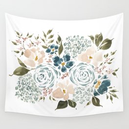 Blue Hydrangeas, Anemones, and Ranunculuses Loose Florals Watercolor Painting Wall Tapestry