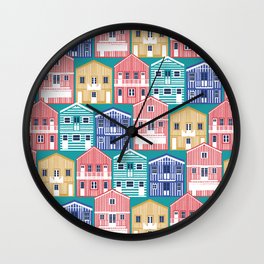 Colourful Portuguese houses // peacock teal background rob roy yellow mandy red electric blue and peacock teal Costa Nova inspired houses Wall Clock