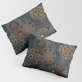 Golden Floral Mandalas on Dark Teal Grunge Background  Pillow Sham