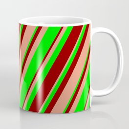 [ Thumbnail: Dark Salmon, Lime, and Dark Red Colored Lines Pattern Coffee Mug ]