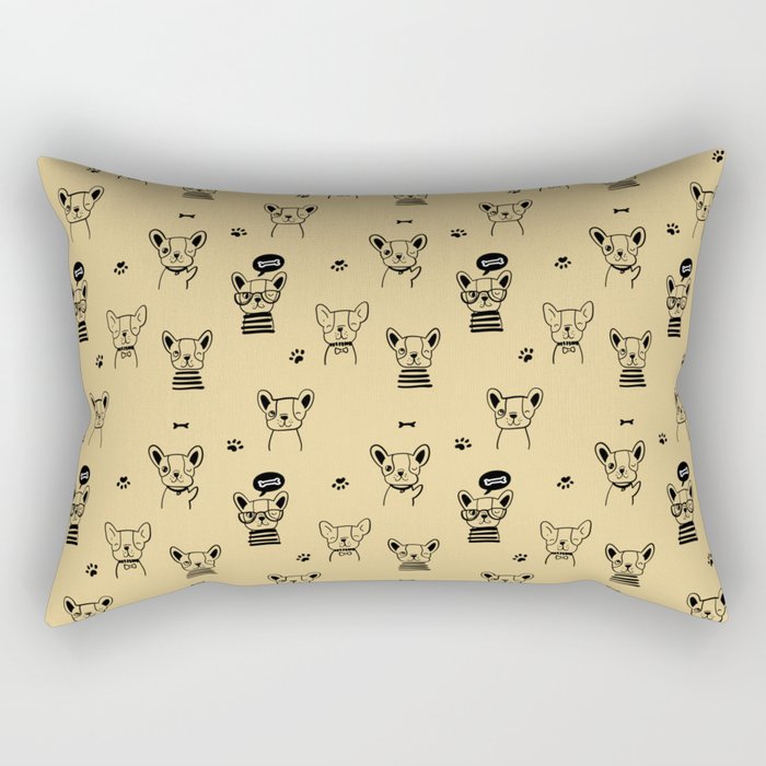 Tan and Black Hand Drawn Dog Puppy Pattern Rectangular Pillow