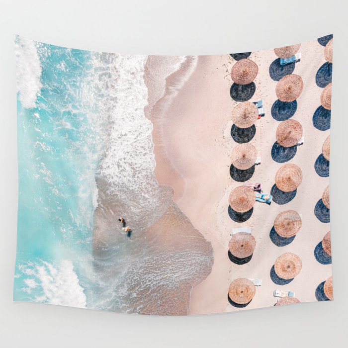 People Umbrellas On Beach, Aerial Beach, Sea Print, Ocean Waves, Summer Vibes, Orange and Teal, Art Print Wall Tapestry