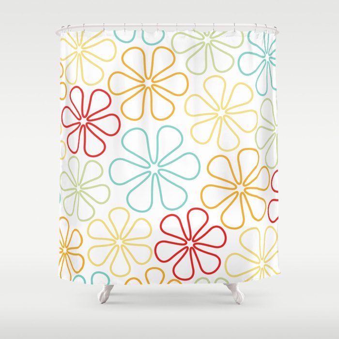 Abstract Flower Outlines Red Yellow, Teal And Orange Shower Curtain