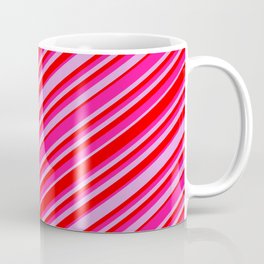 [ Thumbnail: Plum, Red & Deep Pink Colored Lined/Striped Pattern Coffee Mug ]