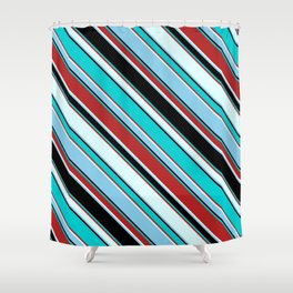 [ Thumbnail: Colorful Black, Dark Turquoise, Red, Light Cyan, and Sky Blue Colored Pattern of Stripes Shower Curtain ]
