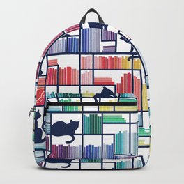 Rainbow bookshelf // white background navy blue shelf and library cats Backpack