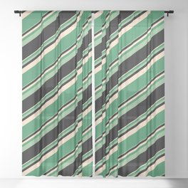 [ Thumbnail: Bisque, Sea Green, Dark Sea Green, and Black Colored Lined Pattern Sheer Curtain ]