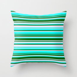 [ Thumbnail: Cyan, Dark Green & Lavender Colored Lined/Striped Pattern Throw Pillow ]