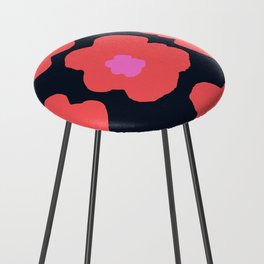 Large Pop-Art Retro Flowers in Pink and Coral Red Orange on Black Background  Counter Stool