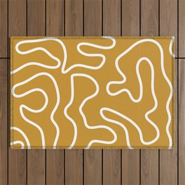 Squiggle Maze Minimalist Abstract Pattern in White and Mustard Gold Outdoor Rug