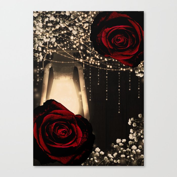 Rustic Glow Lantern & Dark Red Roses Canvas Print