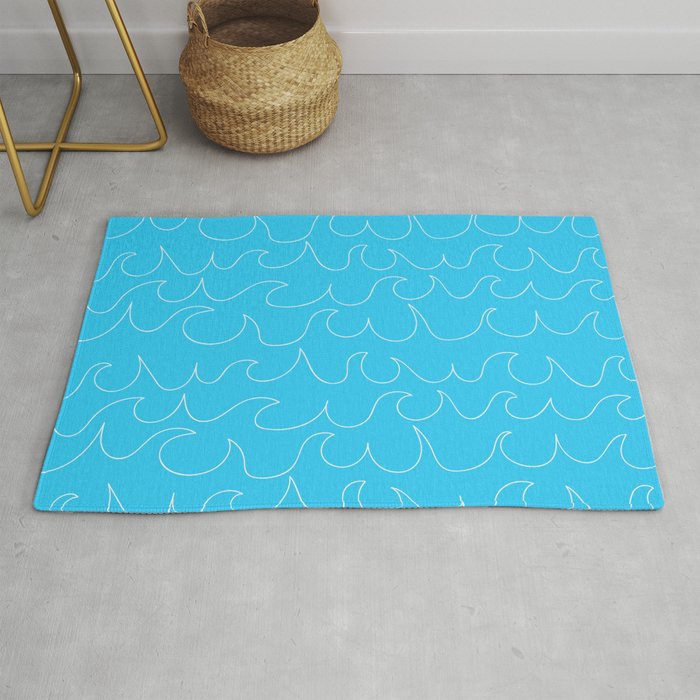 Simple white handrawn waves on aqua - for your summer Rug