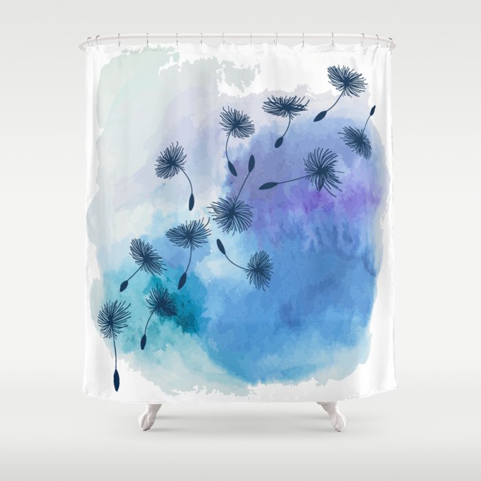 Blue Dandelion Seeds on Watercolor Shower Curtain