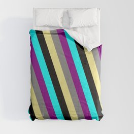 [ Thumbnail: Vibrant Cyan, Purple, Grey, Tan, and Black Colored Lines Pattern Comforter ]