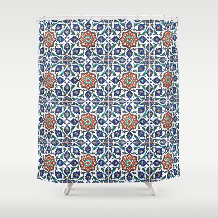 Iznik Tile Pattern Red Blue White Shower Curtain By Goldenredeagle Iznik Tile Pattern Red Blue White Shower Curtain