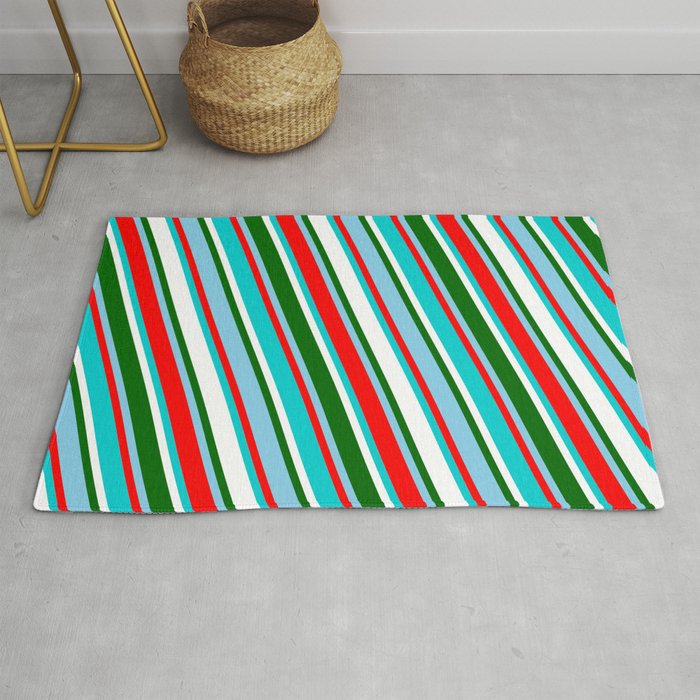 Sky Blue, Red, Dark Turquoise, White, and Dark Green Colored Striped Pattern Rug
