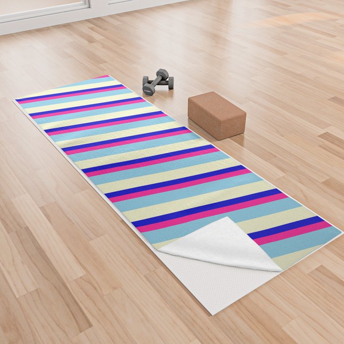 Blue, Deep Pink, Sky Blue, and Light Yellow Colored Stripes/Lines Pattern Yoga Towel