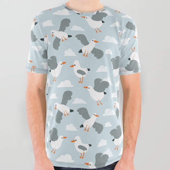 Seagulls Flying at Sea Blue Pattern All Over Graphic Tee
