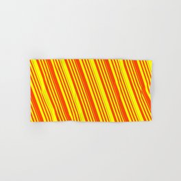 [ Thumbnail: Red & Yellow Colored Lined Pattern Hand & Bath Towel ]