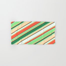 [ Thumbnail: Colorful Red, Sea Green, Mint Cream, Light Green & Beige Colored Lined/Striped Pattern Hand & Bath Towel ]