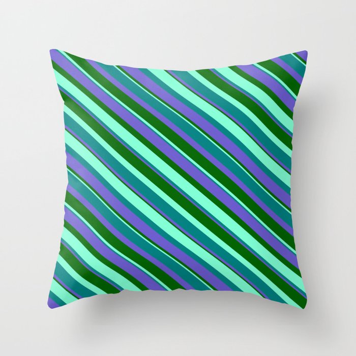 Aquamarine, Teal, Slate Blue, and Dark Green Colored Striped Pattern Throw Pillow