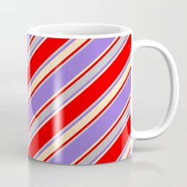 [ Thumbnail: Red, Grey, Purple & Beige Colored Stripes/Lines Pattern Coffee Mug ]