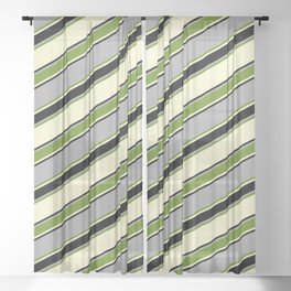 [ Thumbnail: Dark Grey, Green, Light Yellow, and Black Colored Lined Pattern Sheer Curtain ]