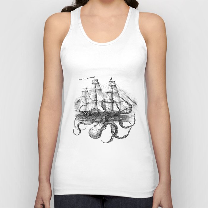 Octopus Attacks Ship on White Background Tank Top