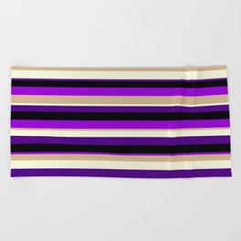 [ Thumbnail: Colorful Black, Dark Violet, Tan, Beige, and Indigo Colored Lined/Striped Pattern Beach Towel ]