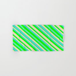 [ Thumbnail: Turquoise, Lime & Tan Colored Lined Pattern Hand & Bath Towel ]