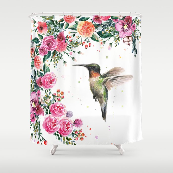 Hummingbird and Flowers Watercolor Animals Shower Curtain